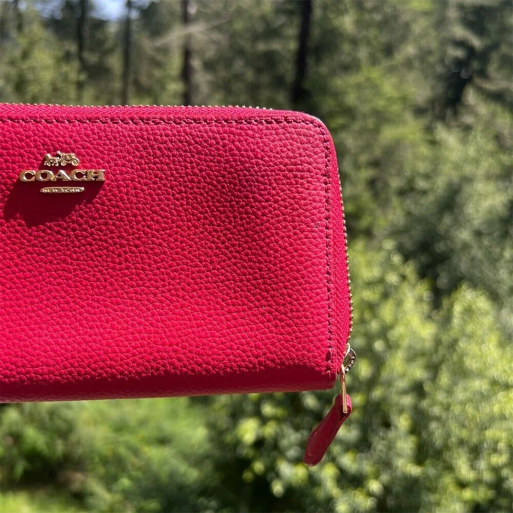 COACH Long Zip-Around Wallet Pebble Leather RED with Gold Hardware AUTHENTIC